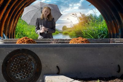 A woman holding an umbrella standing in front of a tranquil stream gently flowing through a metal culvert amidst lush greenery