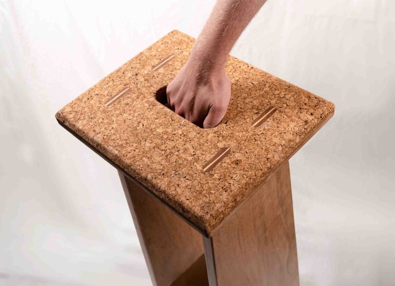 Matteo Chiappetta designed a counter stool featuring a cork top and wedged tenon details in collaboration with Carter Lindblom, Grace Cerneck, and Daniel Alumbaugh.