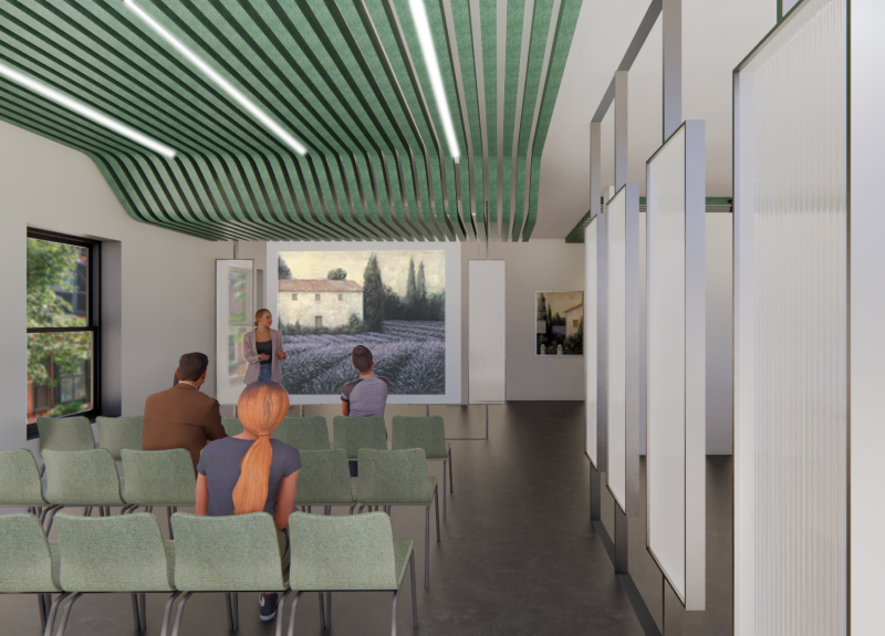 Rendering of a presentation space concept by interior design student, Cora Embree