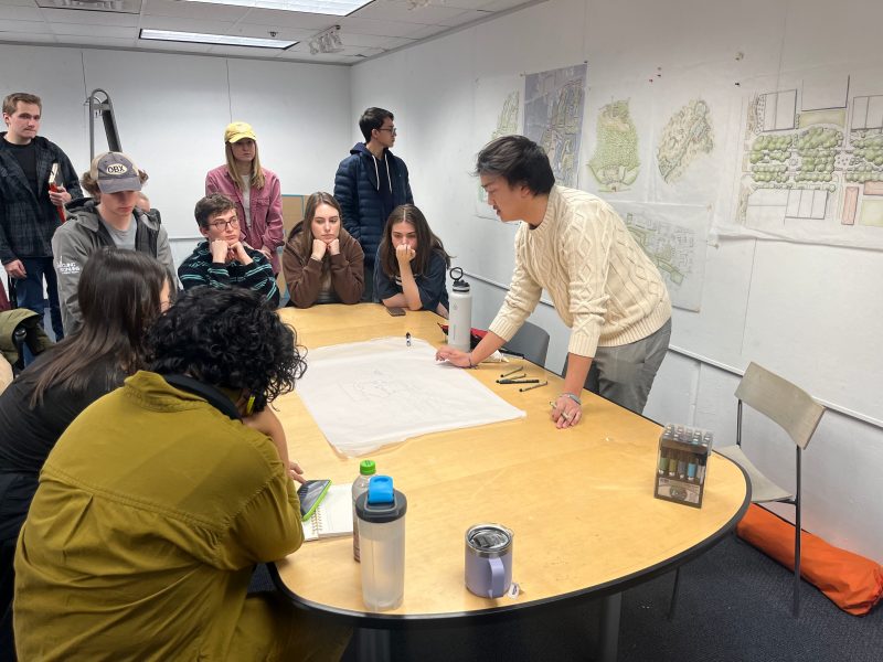 Connor Nguyen, BLA 2024, hosting a workshop about hand-drawing master plans to ASLA-VT club members and students.